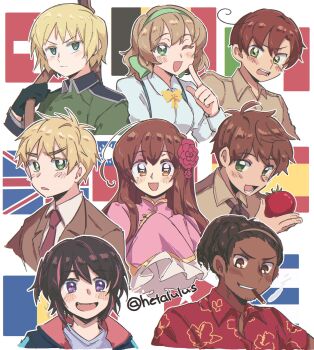 2girls 6+boys ahoge artist_name axis_powers_hetalia belgian_flag belgium_(hetalia) black_hair black_jacket blonde_hair blush border bow bowtie breasts brown_eyes brown_hair brown_hairband brown_jacket brown_ribbon brown_shirt buttons chinese_clothes cigarette closed_mouth collared_jacket collared_shirt cuba_(hetalia) cuban_flag dark-skinned_male dark_skin facial_hair fang flag_background floral_print flower food formal_clothes frills gloves green_bow green_eyes green_gloves green_hairband green_jacket gun hair_between_eyes hair_bow hair_flower hair_ornament hairband hand_up hawaiian_shirt hetalulus high_ponytail highres holding holding_food holding_vegetable holding_weapon hood hooded_jacket index_finger_raised italian_flag jacket lapels long_hair long_sleeves looking_at_viewer mandarin_collar medium_breasts military_jacket military_uniform moldova_(hetalia) moldovan_flag multicolored_hair multiple_boys multiple_girls neck_ribbon necktie one_eye_closed one_side_up open_clothes open_jacket open_mouth outside_border pink_flower pink_hair pink_shirt ponytail purple_eyes purple_necktie red_shirt republic_of_china_flag ribbon rifle shirt short_hair sidelocks smile smoke smoking southern_italy_(hetalia) spain_(hetalia) spanish_flag streaked_hair suit suit_jacket suspenders swiss_flag switzerland_(hetalia) t-shirt taiwan_(hetalia) tan teeth tomato union_jack united_kingdom_(hetalia) v-shaped_eyebrows vegetable weapon weapon_on_back white_border white_shirt wide_sleeves wing_collar yellow_bow yellow_bowtie