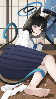 1girl absurdres animal_ears barefoot black_eyes black_hair blue_archive cat_ears cat_tail cherry_blossoms feet highres kikyou_(blue_archive) looking_at_viewer lying medium_hair multiple_tails on_side parted_lips school_uniform sembem serafuku socks soles tail toes two_tails unworn_socks white_socks
