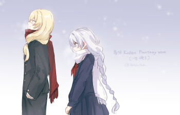 1boy 1girl black_jacket black_skirt blonde_hair blue_eyes braid braided_ponytail commentary_request gakuran green_eyes highres honkai_(series) honkai_impact_3rd ioichiha jacket kallen_kaslana long_hair otto_apocalypse red_scarf scarf school_uniform skirt white_hair white_scarf winter_clothes winter_uniform