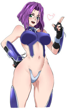 Rule 34 | 1girl, artist name, breasts, butcha-u, c-string, character request, covered erect nipples, crop top, fingerless gloves, glasses, gloves, hand on own hip, hayama shizuka, heart, highres, hikari to mizu no daphne, large breasts, legs, looking at viewer, maebari, midriff, navel, open mouth, salute, short hair, smile, solo, strapless bottom, teeth, thighs, toned, tongue, two-finger salute