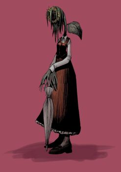 1girl closed_umbrella collared_shirt crossed_wrists flower flower_head full_body highres holding holding_umbrella horror_(theme) kazami_yuuka long_fingers long_skirt long_sleeves morph426 object_head red_background red_skirt red_vest shirt simple_background skirt solo standing sunflower touhou umbrella vest white_shirt