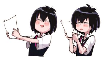 1girl black_hair black_necktie black_vest blush blush_stickers collared_shirt cropped_torso female_focus highres holding holding_paper marvel meme necktie open_mouth paper peni_parker reading sequential shakata_(syakatan) shirt simple_background solo spider-man:_into_the_spider-verse spider-man_(series) spider-verse squinting vest white_background white_shirt winnie_the_pooh_reading_(meme)