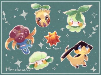 animal_focus artist_name black_skin blue_eyes blue_skin blush border closed_eyes colored_skin commentary_request cottonee drooling evolution_stone gen_2_pokemon gen_5_pokemon gen_6_pokemon gloom_(pokemon) green_background green_skin hanabusaoekaki helioptile leaf multicolored_skin nintendo no_humans petilil pokemon pokemon_(creature) red_eyes solid_circle_eyes sparkle sprout sun_stone sun_stone_(pokemon) sunkern tail trait_connection two-tone_skin white_border white_skin yellow_skin