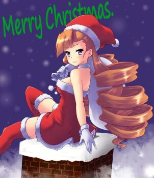 1girl aq_interactive arcana_heart arcana_heart_2 asymmetrical_bangs atlus backless_dress backless_outfit blue_eyes boots breasts chimney closed_mouth dot_nose dress drill_hair examu fur-trimmed_dress fur-trimmed_gloves fur_collar fur_trim gift_bag gloves hat kasabou light_blush light_smile long_hair looking_at_viewer looking_to_the_side merry_christmas no_bra orange_hair outdoors petra_johanna_lagerkvist pom_pom_(clothes) red_boots red_dress red_thighhighs running_bond sack santa_hat short_dress sitting small_breasts snowing solo strapless strapless_dress thigh_boots thighhighs twin_drills very_long_hair white_gloves