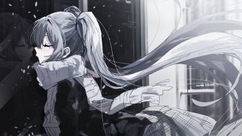 1girl black_jacket building closed_eyes closed_mouth commentary danjou_sora day floating_hair fringe_trim grey_hair grey_skirt hajimete_no_koi_ga_owaru_toki_(vocaloid) hatsune_miku highres jacket long_hair outdoors pleated_skirt profile reflection scarf skirt solo tears twintails very_long_hair vocaloid white_scarf window