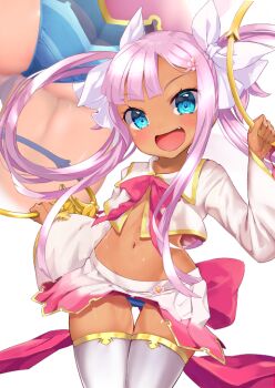 1girl arm_up ass blue_eyes dark-skinned_female dark_skin dual_wielding fang flat_chest gluteal_fold holding koihime_musou loli long_hair midriff miniskirt multiple_views navel open_mouth p_answer panties pink_shirt pink_skirt ribbon shirt simple_background skirt smile sonshoukou_(koihime_musou) striped_clothes striped_panties thigh_gap thighhighs thighs twintails underwear very_long_hair weapon white_background white_thighhighs wind wind_lift zoom_layer