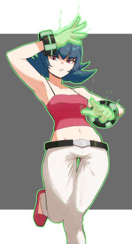 Rule 34 | 1girl, blunt bangs, breasts, camisole, collarbone, crop top, flipped hair, gluteal fold, highres, medium breasts, medium hair, midriff, nintendo, pants, pink camisole, pokemon, pokemon hgss, red eyes, sabrina (pokemon), solo, spottylen, white pants