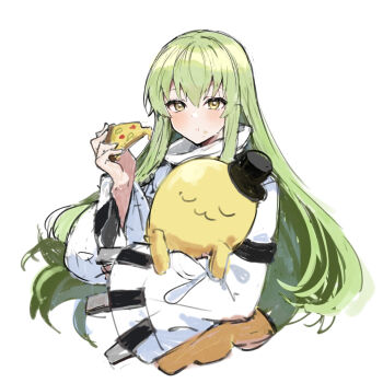 1girl :3 :t black_hat brown_eyes c.c. cheese-kun closed_eyes closed_mouth code_geass dress eating food food_on_face grey_hair hair_between_eyes hand_up hat holding holding_food hugging_object ikeuchi_tanuma long_hair long_sleeves pizza pizza_slice simple_background sketch sleeves_past_wrists solo tilted_headwear top_hat u_u upper_body very_long_hair white_background white_dress wide_sleeves