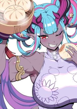 1girl absurdres armlet bamboo_steamer bare_shoulders biceps blue_hair blush breasts china_dress chinese_clothes colored_skin dim_sum double_bun dress earrings eating fate/grand_order fate_(series) grey_skin hair_between_eyes hair_bun hair_ornament harurukan highres horns ibuki_douji_(celebratory_attire)_(fate) ibuki_douji_(fate) ibuki_douji_(swimsuit_berserker)_(fate) jewelry large_breasts long_hair looking_at_viewer magatama magatama_earrings multicolored_hair one_eye_closed oni pink_hair pointy_ears red_eyes sash sharp_teeth sidelocks solo star_(symbol) star_hair_ornament tassel teeth white_dress wrist_cuffs