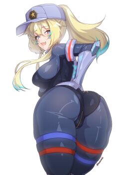 1girl aqua_hair ass black_leotard blonde_hair blue_eyes blush bodysuit bodysuit_under_clothes breasts ceru_foxhound colored_tips commission grey_bodysuit grey_hat hat highres large_breasts leotard long_hair multicolored_hair open_mouth ponytail smile solo star_(symbol) tilt-shift_(azalanz) twitter_username vallure virtual_youtuber white_background