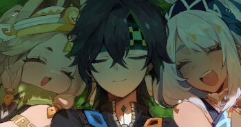 Rule 34 | 1boy, 2girls, ^ ^, animal ears, black hair, blue hairband, blush, closed eyes, closed mouth, commentary request, crossed bangs, earrings, genshin impact, girl sandwich, grass, green headband, hair between eyes, hairband, hat, headband, highres, jewelry, kachina (genshin impact), kinich (genshin impact), lying, mualani (genshin impact), multicolored hair, multiple girls, nana668, on back, open mouth, sandwiched, upper body, visor cap, white hair