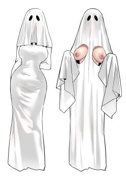 1girl absurdres breast_cutout breastless_clothes breastless_ghost_costume breasts commentary dress ghost_costume highres large_areolae large_breasts multiple_views nipples original pirukusu simple_background sleeves_past_wrists symbol-only_commentary very_long_sleeves white_background white_dress wide_hips