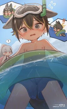 ! !! 1boy 1girl ? @_@ absurdres animal_ears armpit_crease blue_swim_trunks blush cloud cowboy_shot embarrassed flying_sweatdrops from_below goggles goggles_on_head grey_eyes hair_between_eyes highres innertube lifebuoy looking_at_viewer male_focus male_swimwear multicolored_hair musical_note nipples omurice_(roza4957) open_mouth original shota sky solo_focus sweatdrop swim_ring swim_trunks tail teardrop tears topless_male trembling water wet
