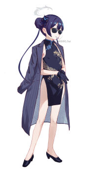 Rule 34 | 1girl, black gloves, black hair, blue archive, blue eyes, butterfly hair ornament, china dress, chinese clothes, cigarette, coat, coat on shoulders, double bun, dragon print, dress, eyeliner, full body, gloves, hair bun, hair ornament, halo, high heels, highres, kbrg, kisaki (blue archive), makeup, simple background, smoke, solo, sunglasses, twintails, variant set, white background
