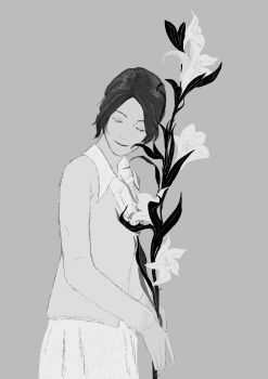 Rule 34 | 1girl, absurdres, breasts, cardigan, closed eyes, closed mouth, collared dress, commentary, cowboy shot, dress, english commentary, flower, grey background, grey cardigan, greyscale, highres, holding, holding flower, lettalettaletta, light smile, mary shepherd-sunderland, medium breasts, monochrome, parted bangs, silent hill (series), silent hill 2, solo, updo, white dress, white flower