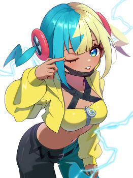 1girl absurdres bandeau black_pants blonde_hair blue_eyes blue_hair blush breasts canari_(pokemon) commentary_request hair_between_eyes hair_ornament hand_on_own_thigh highres jacket long_hair long_sleeves looking_at_viewer mask medium_breasts mega_stone mouth_mask navel nintendo one_eye_closed pants parted_lips pokemon pokemon_legends:_z-a relight simple_background solo stomach twintails white_background yellow_bandeau yellow_jacket yellow_nails