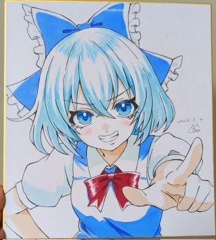 Rule 34 | 0002koko, 1girl, blue bow, blue dress, blue eyes, blue hair, bow, bowtie, cirno, collared shirt, commentary, dated, dress, grin, hair bow, highres, looking at viewer, missing wings, photo (medium), pinafore dress, pointing, pointing at viewer, puffy short sleeves, puffy sleeves, red bow, red bowtie, shikishi, shirt, short sleeves, signature, sleeveless, sleeveless dress, smile, solo, touhou, traditional media, translation request, upper body, white shirt