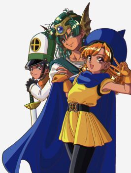 Rule 34 | 1girl, 2boys, :d, alena (dq4), aqua hair, aqua tunic, black gloves, black leggings, blue cape, blue eyes, blue hair, cape, character ear piercing, clift, crossed arms, curly hair, dragon quest, dragon quest iv, dress, earrings, faux retro artstyle, fins, gloves, hat, head fins, hero (dq4), highres, jewelry, leggings, long hair, looking at viewer, looking to the side, medium hair, mitre, multiple boys, okita (sukult 4), open mouth, orange gloves, orange hair, orange scarf, planted, planted sword, planted weapon, purple eyes, red eyes, scarf, shirt, short hair, slime (dragon quest), smile, sword, tunic, v, weapon, white background, white shirt, yellow dress, yellow tunic