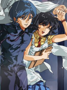 1990s_(style) 1boy 1girl ^_^ anime_coloring apron black_hair black_pants blue_eyes blue_hair blue_shirt blue_skirt closed_eyes coat collared_shirt commentary_request fa_yuiry faux_retro_artstyle folder grin gundam gundam_zz highres holding holding_folder improvised_umbrella kamille_bidan kawatooo long_sleeves looking_at_another medium_hair necktie open_mouth pants purple_necktie rain red_necktie retro_artstyle shared_improvised_umbrella shielding_another_from_rain shirt short_hair short_sleeves skirt smile unworn_coat white_apron white_coat wing_collar yellow_shirt