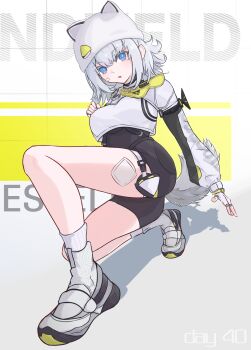 Rule 34 | 1girl, absurdres, animal ear headwear, arknights, arknights: endfield, bandaid, bandaid on face, black bodysuit, blue eyes, bodysuit, breasts, cat girl, cat tail, character name, commentary request, copyright name, english text, estella (arknights), fake animal ears, fingerless gloves, gauze, gauze on leg, gloves, grey hair, hat, hat with ears, highres, ice orange lovegg, long sleeves, looking at viewer, simple background, solo, tail, white gloves, white hat