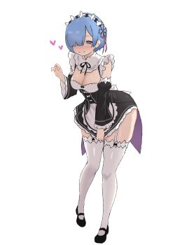 1girl absurdres apron black_bow black_dress black_hairband black_ribbon black_shoes blue_eyes blue_hair blunt_bangs blush bow breasts cleavage closed_mouth detached_sleeves dress dress_bow dress_tug flower frilled_dress frills full_body garter_straps hair_flower hair_ornament hair_over_one_eye hair_ribbon hairband half-closed_eyes hand_up heart highres leaning_forward long_sleeves looking_at_viewer maid mary_janes medium_breasts neck_ribbon nose_blush one_eye_covered peace_peace009 pink_ribbon re:zero_kara_hajimeru_isekai_seikatsu rem_(re:zero) ribbon roswaal_mansion_maid_uniform shoes short_hair simple_background sleeveless sleeveless_dress smile solo standing thigh_bow thighhighs two-tone_dress waist_apron white_apron white_background white_bow white_dress white_flower white_thighhighs wide_sleeves