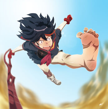 Rule 34 | 1girl, angry, anime coloring, barefoot, black hair, blurry, blurry background, bruise, commentary, crazy, day, dirty, dirty feet, english commentary, feet, foreshortening, gloves, highres, injury, kicking, kill la kill, matoi ryuuko, midair, midriff, motion blur, multicolored hair, open mouth, scamwich, scissor blade (kill la kill), senketsu, shoes, short hair, single shoe, sky, solo focus, streaked hair, toenails, toes, upswept hair, wide-eyed, wind, wind lift