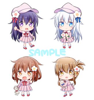 4girls akatsuki_(kancolle) alternate_costume blue_bow blue_eyes blue_hair blush bobby_socks bow brown_eyes brown_hair chibi chibi_only collared_shirt commentary_request fang flat_cap flower folded_ponytail frilled_skirt frills full_body hair_between_eyes hair_bow hair_flower hair_ornament hat hibiki_(kancolle) holding holding_flower ikazuchi_(kancolle) inazuma_(kancolle) kantai_collection long_hair long_sleeves medium_hair motohara_moka multiple_girls open_mouth pajamas pink_hat pink_shirt pink_shoes pleated_skirt purple_eyes purple_hair red_bow sample_watermark shirt shoes sidelocks simple_background skirt smile socks striped_clothes striped_hat striped_shirt striped_skirt vertical-striped_clothes vertical-striped_shirt vertical-striped_skirt very_long_hair watermark white_background white_flower white_socks yellow_bow