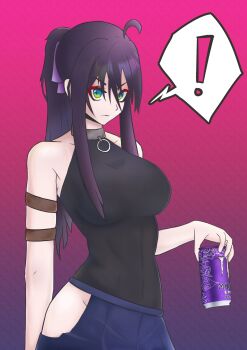 Rule 34 | !, >:(, absurdres, antenna hair, black shirt, blue eyes, blue skirt, breasts, can, choker, collar, commentary, dialogue box, hair ribbon, highres, holding, holding can, looking at viewer, makeup, miczal, monster energy, no panties, original, pink background, ponytail, purple hair, ribbon, shirt, simple background, skirt, symbol-only commentary, v-shaped eyebrows
