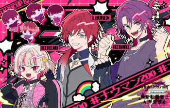 Rule 34 | :d, black jacket, blue eyes, character name, character request, chibi, clenched hands, eyes visible through hair, fangs, fingerless gloves, gloves, grey gloves, grey hair, grey shirt, grin, hair intakes, hair over one eye, hands up, jacket, long sleeves, makaino ririmu, multicolored hair, nijisanji, ninahachi, open clothes, open jacket, open mouth, pink hair, plaid clothes, puffy long sleeves, puffy sleeves, purple hair, red eyes, shirt, sleeves past fingers, sleeves past wrists, smile, translation request, two-tone hair, two side up, v-shaped eyebrows, virtual youtuber, watarai hibari, watermark, yellow eyes