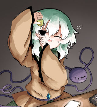 1girl black_eyes buttons commentary_request contrast_collar diamond_button green_hair green_skirt grey_background hair_between_eyes hands_up heripantomorrow komeiji_koishi looking_up no_headwear one_eye_closed shirt skirt solo table third_eye touhou wide_sleeves yellow_shirt