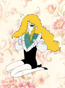 1980s_(style) 1boy black_shirt black_shoes black_shorts blonde_hair clenched_hands closed_eyes collar commentary_request floral_background frilled_collar frills full_body furrowed_brow hands_up high_heels invisible_floor kneehighs komai long_hair long_sleeves male_focus maraich_juschenfe notice_lines oldschool open_mouth patalliro! puffy_sleeves pumps retro_artstyle seiza shirt shoes short_shorts shorts sitting socks solo tantrum tearing_up trap wavy_hair white_socks