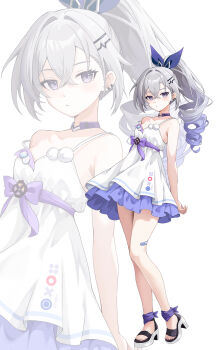 1girl alternate_costume blue_dress blue_hair casual collarbone commentary_request crossed_bangs dress drill_hair drill_ponytail full_body gradient_hair grey_hair hair_between_eyes high_heels highres honkai:_star_rail honkai_(series) kottungyang layered_dress light_frown long_hair looking_at_viewer multicolored_hair purple_eyes sandals silver_wolf_(honkai:_star_rail) sleeveless sleeveless_dress spaghetti_strap standing strap_slip very_long_hair white_background white_dress white_sandals zoom_layer