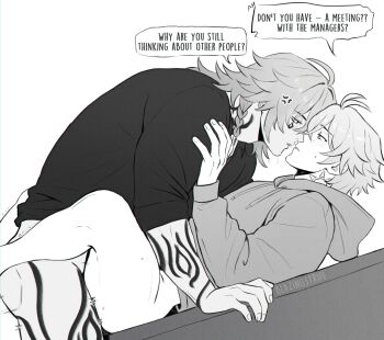 2boys absurdres after_kiss anger_vein antenna_hair artist_name blazingstrife blush bottomless boy_on_top braid commentary english_commentary english_text eye_contact face-to-face greyscale highres honkai:_star_rail honkai_(series) hood hood_down hoodie leg_tattoo looking_at_another male_focus male_penetrated medium_hair monochrome multiple_boys mydei_(honkai:_star_rail) neck_tattoo on_table phainon_(honkai:_star_rail) puff_of_air saliva saliva_trail sex short_hair side_braid simple_background single_braid speech_bubble sun_symbol sun_tattoo table tan tattoo white_background yaoi