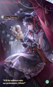 1girl artist_request bare_shoulders black_bow black_bowtie black_dress black_gloves black_hair black_hat black_shoes bow bowtie buckle cersei_(shining_nikki) collared_shirt curtains doll dress expressionless eyelashes feet_out_of_frame flower frilled_bow frilled_dress frilled_headwear frilled_shirt_collar frills garland_(decoration) gloves grey_pantyhose hat hat_bow hat_ribbon high_collar highres holding holding_doll indoors lace lace-trimmed_dress lace_trim long_dress long_hair looking_at_object marking_on_cheek mirage_puppeteer_(shining_nikki) night nikki_(series) official_art pantyhose parted_lips petals pointy_nose red_eyes red_flower red_ribbon red_rose ribbon rose rose_petals second-party_source shining_nikki shirt shirt_under_dress shoes sidelocks sitting sleeveless sleeveless_dress sleeveless_shirt solo spotlight stage white_shirt witch_hat