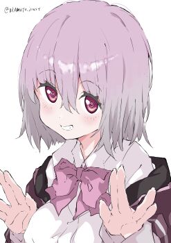 1girl absurdres black_coat bow bowtie coat coat_on_shoulders collared_shirt gridman_universe grin hair_between_eyes highres light_blush looking_at_viewer purple_bow purple_eyes purple_hair salute school_uniform shinjou_akane shirt short_hair signature simple_background smile solo ssss.gridman teeth twitter_username vulcan_salute white_background white_gorilla_(okamoto) white_shirt
