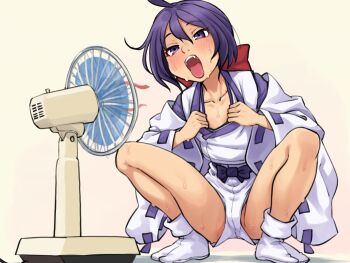 1girl ahoge bakumatsu_rouman blush bow clothes_pull collarbone commentary_request electric_fan fang fanning fanning_self hair_bow hot ichijou_akari japanese_clothes no_panties open_mouth partially_visible_vulva pulling_own_clothes purple_bow purple_eyes purple_hair red_bow sash shorts simple_background solo spread_legs squatting stupa13a sweat tabi tongue white_shorts