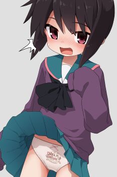 1girl a_channel absurdres akaino_(akaomi) aqua_sailor_collar aqua_skirt black_hair blush bow bow_panties commission embarrassed grey_background highres ichii_tooru loli open_mouth panties print_panties purple_eyes purple_sweater sailor_collar simple_background skeb_commission skirt sleeves_past_fingers sleeves_past_wrists solo surprised sweatdrop sweater thigh_gap underwear wind wind_lift