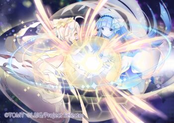 2girls ahoge ayaka_nari blue_dress blue_eyes blue_hair blue_skin closed_mouth colored_skin copyright_notice dress grey_hair hair_over_one_eye long_hair looking_at_viewer medium_hair multiple_girls official_art servant_d_(wixoss) servant_o_(wixoss) smile solo white_dress wixoss yellow_eyes