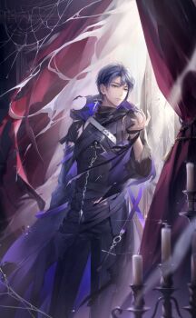 1boy aeon_(shining_nikki) artist_request black_pants black_shirt blue_eyes blue_hair candle candlestand closed_mouth cowboy_shot crack cracked_glass cross cross_earrings curtains day dress_pants earrings expressionless hair_between_eyes hand_up highres hole hood hood_down hooded_robe indoors jewelry layered_sleeves light_particles long_sleeves looking_outside male_focus midnight-sun_spirit_(shining_nikki) nikki_(series) official_alternate_color official_art open_clothes open_robe pants purple_robe robe shining_nikki shirt short_hair single_earring smoke solo standing sunlight torn_clothes torn_robe torn_sleeves turtleneck turtleneck_shirt wind zipper