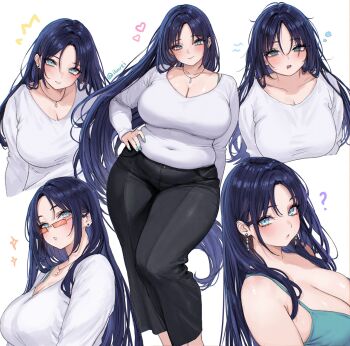 Rule 34 | 1girl, :/, ?, ^^^, aqua eyes, aqua nails, black pants, blue hair, blush, breasts, cleavage, closed mouth, commentary, contrapposto, covered navel, cropped torso, earrings, english commentary, feet out of frame, fingernails, floating hair, glasses, green shirt, hand on own hip, heart, highres, jewelry, large breasts, long fingernails, long hair, looking at viewer, looking over eyewear, multiple views, nail polish, necklace, no pupils, orange-tinted eyewear, original, pants, parted lips, plump, shirt, simple background, sleeveless, sleeveless shirt, smile, standing, stud earrings, sunglasses, thick thighs, thighs, tifa (iluvei), tinted eyewear, twitter username, upper body, very long hair, white background, white shirt