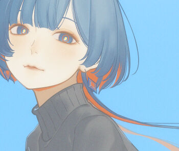 1girl black_sweater blue_background blue_eyes blue_hair blush commentary_request earrings highres jellyfish_cut jewelry kamitsubaki_studio light_smile looking_at_viewer multicolored_hair red_eyes rim_(kamitsubaki_studio) simple_background solo sweater turtleneck turtleneck_sweater two-tone_hair upper_body yellow_pupils zudxpnz