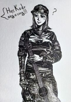 Rule 34 | 1girl, ?, bandaged arm, bandaged hand, bandages, black hat, bordfunker133, camouflage, camouflage pants, confused, digital camouflage, gloves, greyscale, guitar, hat, highres, holding, holding guitar, holding instrument, instrument, jacket, knee guards, long hair, monochrome, nervous sweating, olga stashkina, original, pants, patch, photo (medium), russian ground forces, russo-ukrainian war, shirt, shoulder patch, soldier, solo, spoken question mark, standing, striped clothes, striped shirt, sweat, telnyashka, vdv