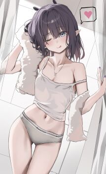 1girl absurdres alternate_costume blue_eyes blush brand_name_imitation breasts calvin_klein commentary crop_top drying drying_hair drying_own_hair english_commentary grey_panties grey_sports_panties hands_up heart highres hololive hololive_english jewelry looking_at_viewer medium_hair navel necklace ninomae_ina&#039;nis no_bra one_eye_closed panties pointy_ears purple_nails scarlet_(wv0102) small_breasts solo spoken_heart sports_panties standing strap_slip towel underwear virtual_youtuber