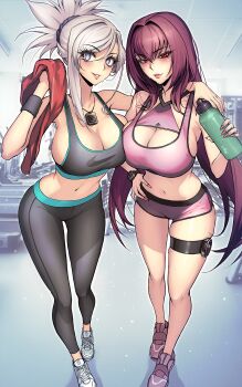 2girls absurdres adidas arm_around_shoulder black_pants black_sports_bra blue_eyes bottle breasts cleavage exercising fate/grand_order fate_(series) full_body grey_hair gym hand_on_own_hip highres holding holding_bottle holding_towel jewelry large_breasts long_hair midriff miyamoto_musashi_(fate) multiple_girls pants parted_lips pendant pink_shorts pink_sports_bra ponytail purple_hair red_eyes rioliogiz scathach_(fate) shoes shorts sneakers sports_bra standing sweat thigh_strap towel very_long_hair watch water_bottle wristband wristwatch