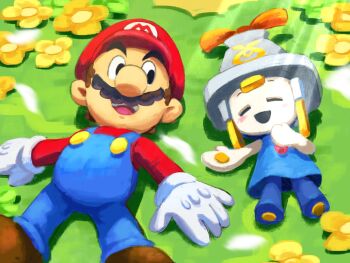 Rule 34 | 1boy, 1girl, blue dress, blue overalls, blush, brown hair, commentary request, connie (mario), dress, facial hair, field, flower, flower field, full body, gloves, hat, lying, mario, mario &amp; luigi: brothership, mario &amp; luigi rpg, mario (series), mustache, nintendo, on back, open mouth, outdoors, overalls, red hat, red shirt, shirt, short hair, smile, white gloves, yamari (ya mari 6363), yellow flower