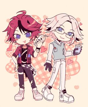 2boys ahoge alternate_costume aotsuki_eito black_gloves black_hair blue_eyes eyebrows eyelashes full_body gloves heart highres jewelry long_sleeves looking_at_viewer male_focus messy_hair multiple_boys necklace open_mouth parted_hair punk red_hair short_sleeves simple_background standing sumino_takumi the_hundred_line_-last_defense_academy- white_hair