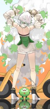 Rule 34 | 1girl, absurdres, cecilia immergreen, cecilia immergreen (1st costume), corset, detached sleeves, doll joints, double thumbs down, fire, full body, gradient hair, green corset, green hair, highres, hololive, hololive english, joints, lying, multicolored hair, on back, otomo (cecilia immergreen), rikuje, romper, smoke, standing, thumbs down, virtual youtuber, white hair, white romper, white sleeves, winding key