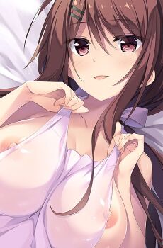Rule 34 | 1girl, apron, bosei kanojo -shikyuu kikan-hen-, breasts, brown eyes, brown hair, clothes pull, commentary request, cropped, hair between eyes, hair ornament, hairclip, hands up, large breasts, light blush, long hair, looking at viewer, naked apron, nipples, official art, open mouth, oryo (oryo04), see-through apron, see-through clothes, smile, solo, tachibana miori, white apron