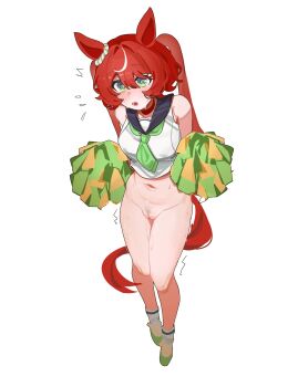 1girl animal_ears black_sailor_collar bottomless cheerleader female_pubic_hair flying_sweatdrops from_above full_body green_eyes highres holding holding_pom_poms horse_ears horse_girl horse_tail long_hair midriff open_mouth pom_pom_(cheerleading) pom_poms pubic_hair pussy red_hair sailor_collar shirt simple_background solo standing tail tr1logy twintails umamusume uncensored white_background white_shirt win_variation_(umamusume)