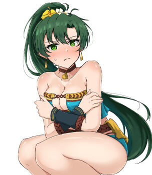 1girl bare_arms bare_shoulders bikini blue_bikini blush breasts cleavage closed_mouth collarbone commentary_request earrings embarrassed fire_emblem fire_emblem:_the_blazing_blade fire_emblem_heroes green_eyes green_hair jewelry long_hair looking_at_viewer lyn_(fire_emblem) lyn_(lady_of_the_beach)_(fire_emblem) medium_breasts nintendo official_alternate_costume pink_hair ponytail simple_background solo swimsuit thighs vankin very_long_hair white_background